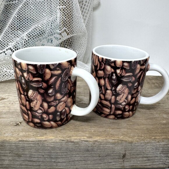 Starbucks Coffee Bean Print Ceramic Mugs 2007 Set Of 2 Demitasse - Picture 4 of 6